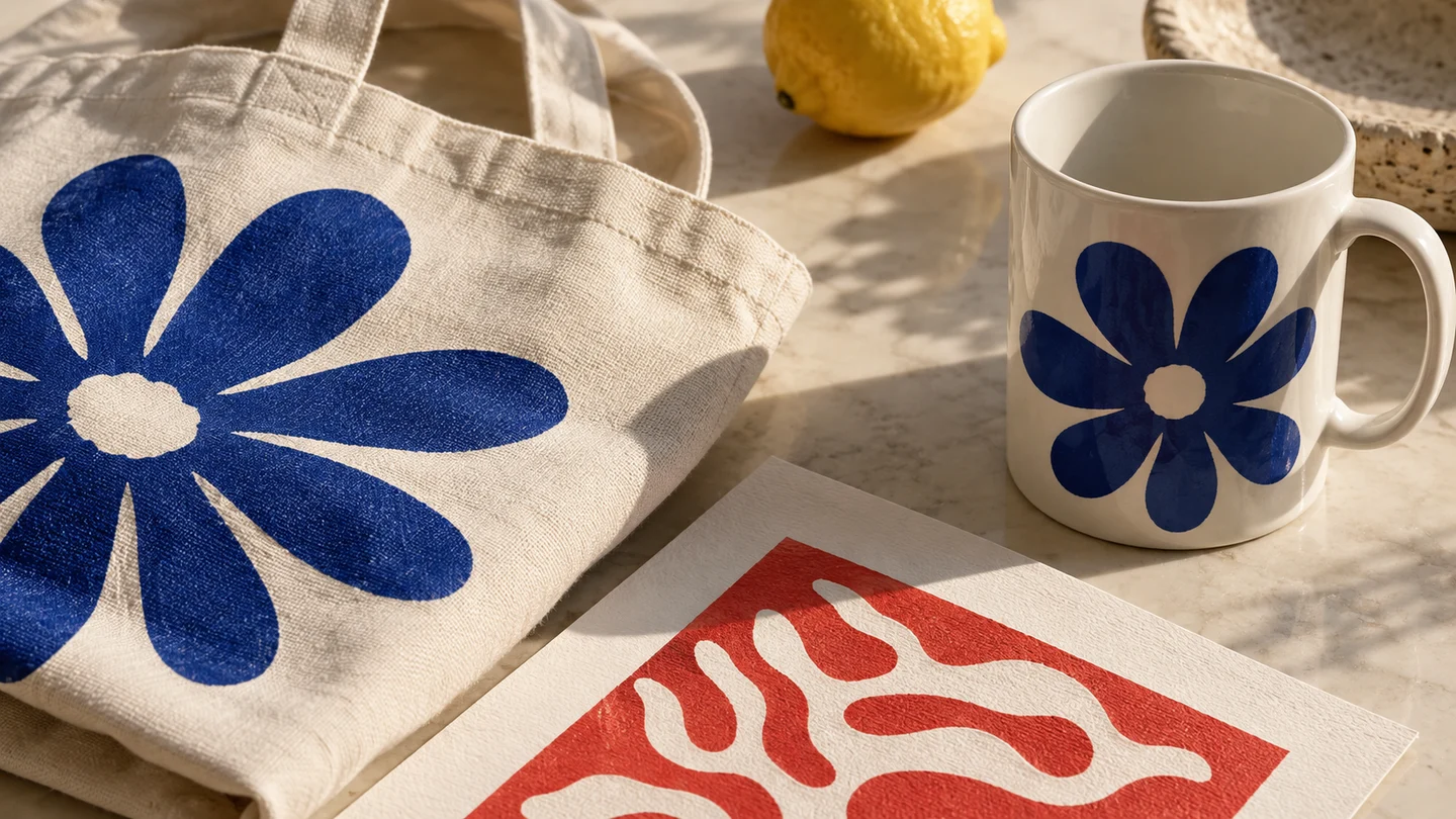 A close look at printed cotton, matte paper and ceramic glaze