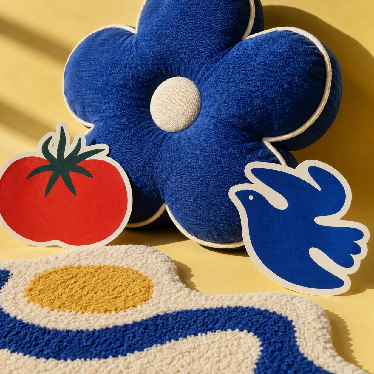 Flower-shaped cushions and original die-cut stickers on a yellow backdrop