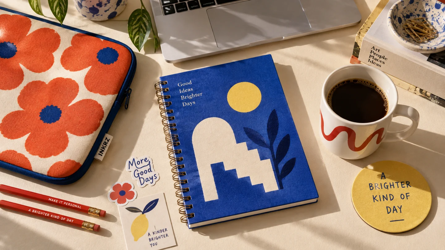 A personal collection of printed notebooks, a sleeve, mug and coasters