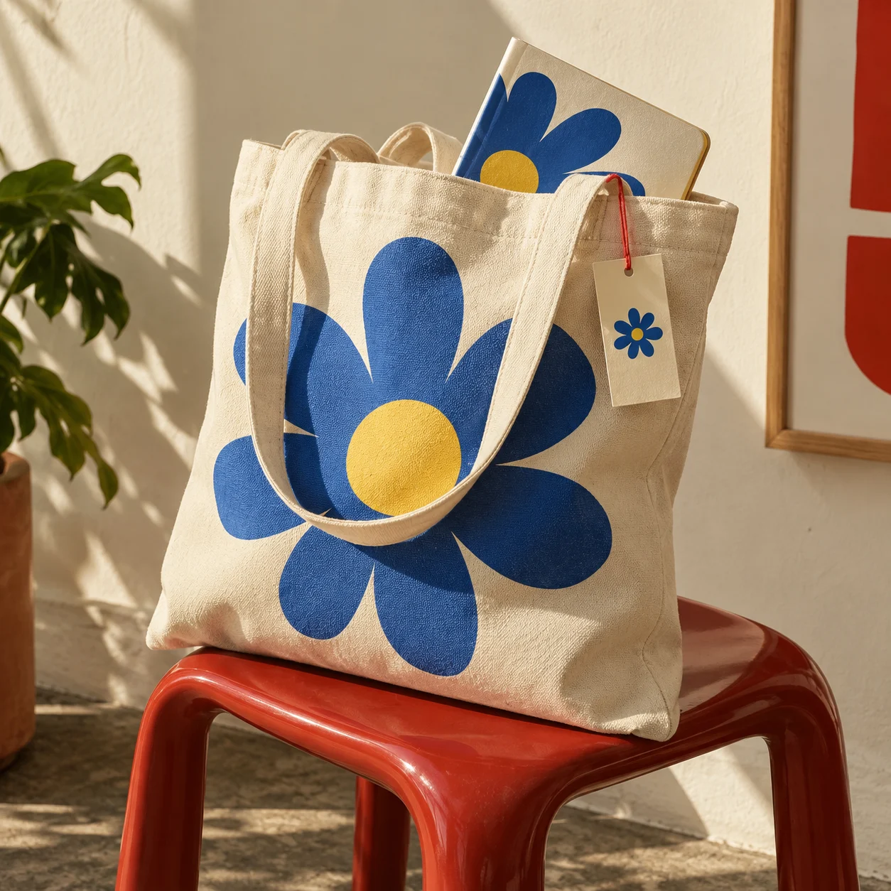 A blue flower tote and matching notebook on a red studio stool