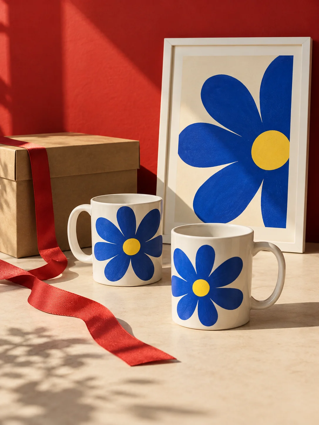 A personal collection of printed mugs and a matching art frame