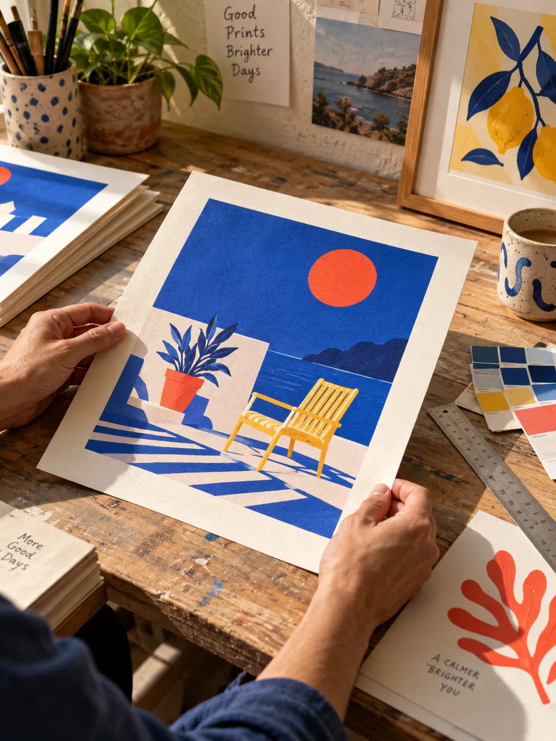 An artist checking colorful print proofs in the Inkrz studio